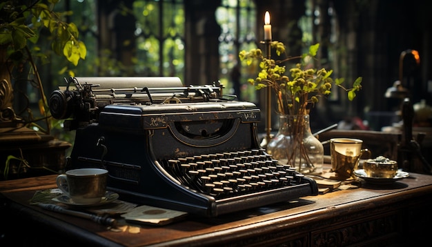 La vecchia macchina da scrivere su un tavolo rustico in legno evoca nostalgia e creatività generate dall'intelligenza artificiale