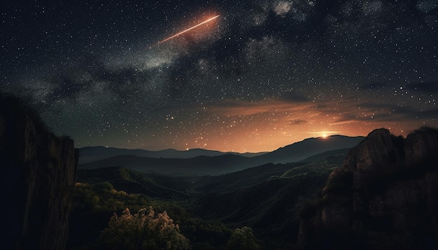 La Via Lattea illumina il sentiero stellare sul picco di una montagna generato dall'intelligenza artificiale