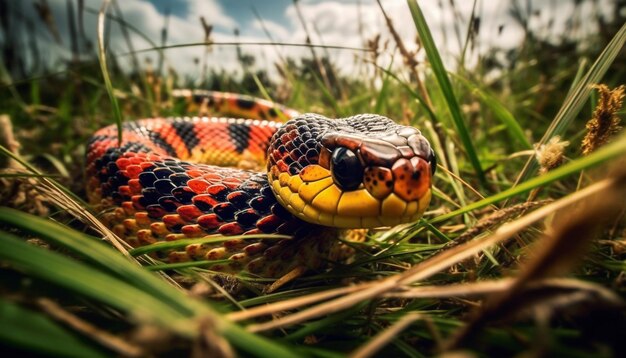 La vipera velenosa striscia attraverso l'erba nella foresta generata dall'intelligenza artificiale