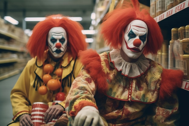 La vista del clown terrificante al negozio di alimentari