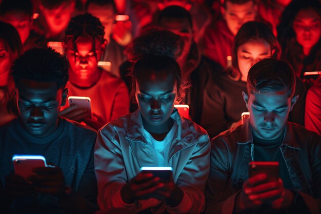 La vista di persone dipendenti dal loro smartphone che guardano e scorrono gli schermi