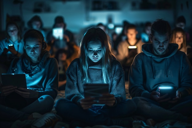 La vista di persone dipendenti dal loro smartphone che guardano e scorrono gli schermi