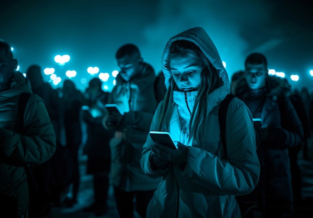 La vista di persone dipendenti dal loro smartphone che guardano e scorrono gli schermi