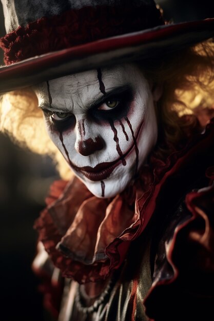 La vista di un clown spaventoso con un trucco spaventoso