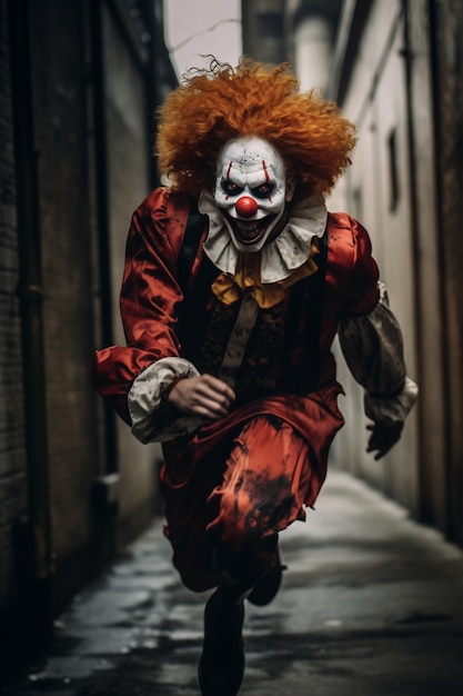 La vista di un clown terrificante in corsa