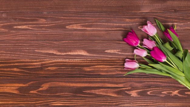 La vista sopraelevata dei fiori rosa del tulipano sulla tavola di legno