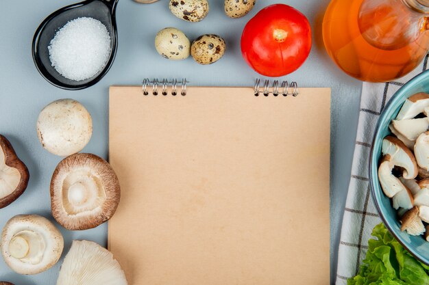 La vista superiore dei funghi freschi con le uova e il sale di quaglia dei pomodori ha sistemato intorno ad uno sketchbook su blu-chiaro