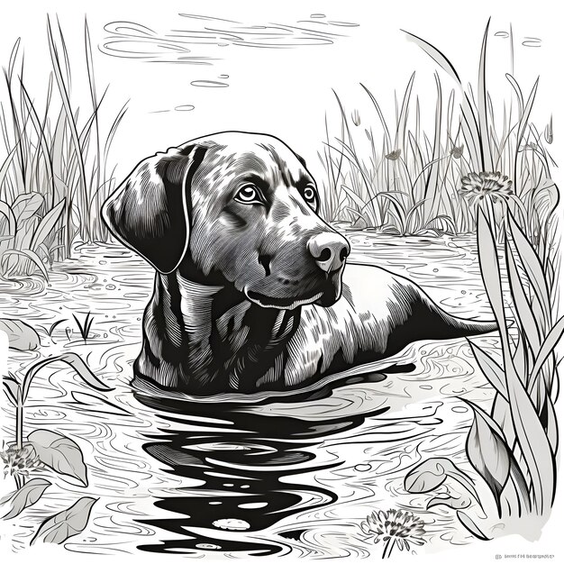 Labrador Retriever in acqua Illustrazione vettoriale in bianco e nero