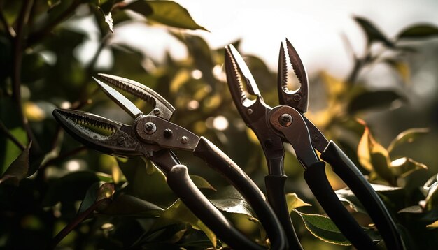 Lame d'acciaio affilate tagliano il fogliame verde generato dall'intelligenza artificiale