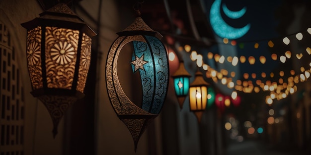 Lampade o lanterne Eid per il ramadan e altre festività musulmane islamiche con spazio per la copia del testo generato