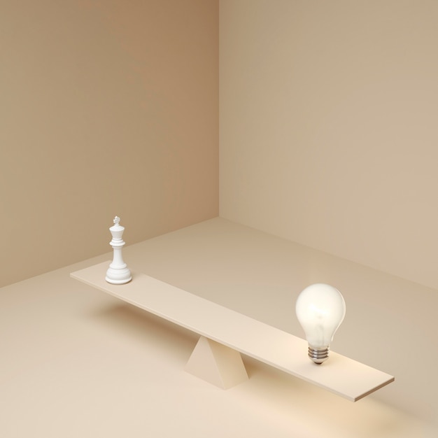 Lampadina accesa in equilibrio sulla tavola accanto al pezzo degli scacchi come un concetto di idea