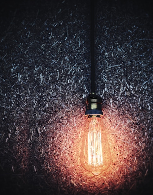 Lampadina brillante che incombe su sfondo di bordo di polpa di legno scuro