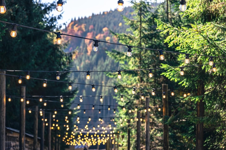 Foto gratuito lampadine decorative su pali di legno in una zona montuosa