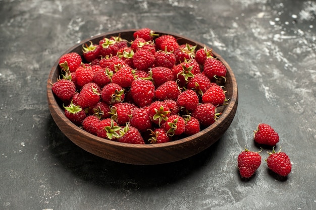 Lamponi rossi freschi di vista frontale all'interno del piatto sul mirtillo rosso di colore della frutta di bacche selvatiche di colore grigio della foto