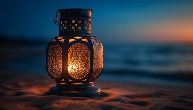 Lanterna araba illuminata a lume di candela al tramonto generata dall'intelligenza artificiale