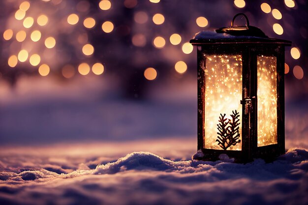 Lanterna di Natale con ramo di abete e decorazione su tavola nevosa sfondo sfocato ai generativo