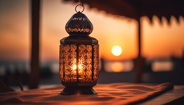 Lanterna in stile arabo che brilla nella notte oscura generata dall'intelligenza artificiale