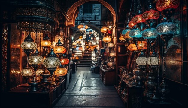 Lanterne ornate illuminano le antiche strade della città al crepuscolo generate dall'intelligenza artificiale