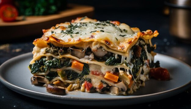 Lasagna vegetariana salutare pasto gourmet appena cucinato generata dall'intelligenza artificiale