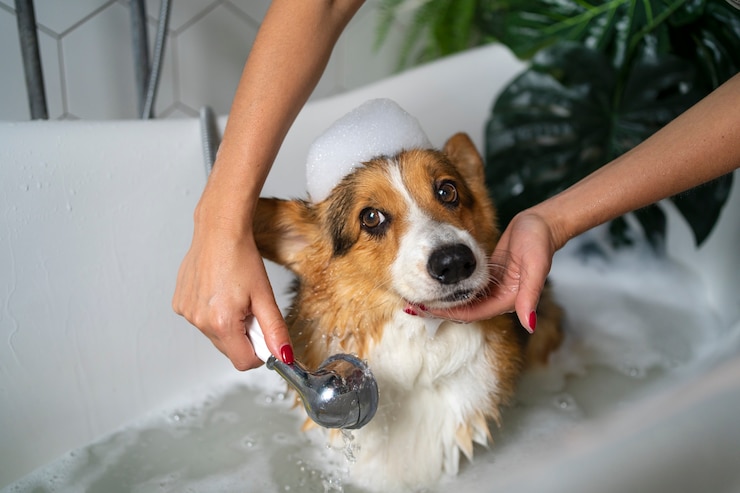 Foto gratuito lavare il cane a casa