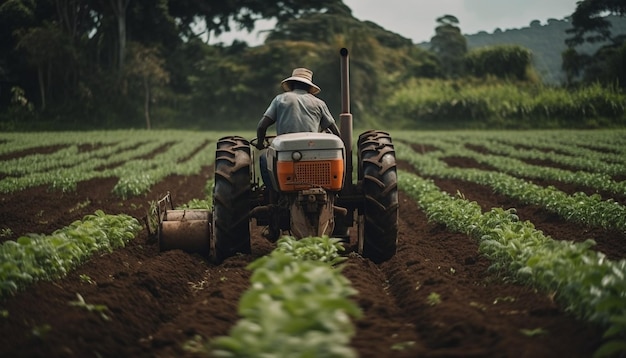 Lavoratore agricolo alla guida di un trattore che irrora prato verde generato dall'intelligenza artificiale