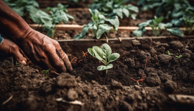 Lavoratore agricolo che pianta nuova vita nella serra generata dall'intelligenza artificiale