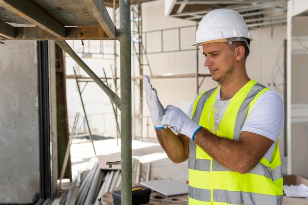 Lavoratore in un cantiere edile che indossa indumenti di protezione