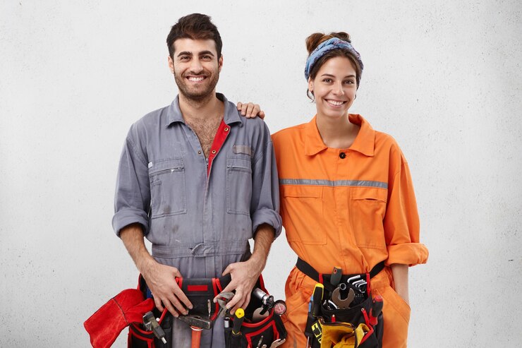 Foto gratuito lavoratori di sesso maschile e femminile che indossano abiti da lavoro