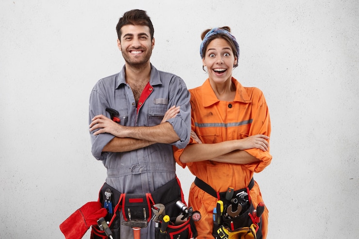 Foto gratuito lavoratori di sesso maschile e femminile che indossano abiti da lavoro