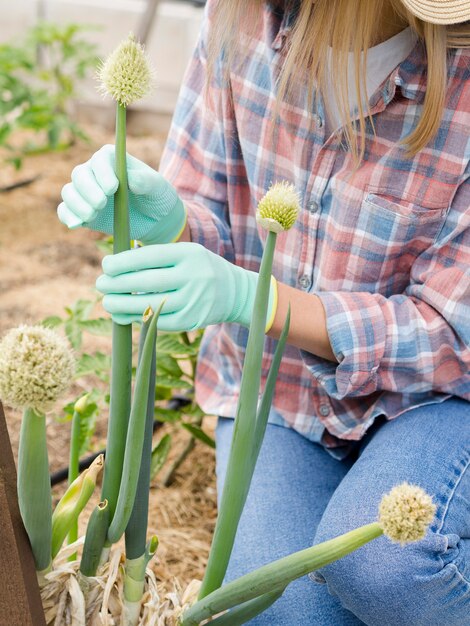 Lavoratrice agricola che si prende cura delle sue piante