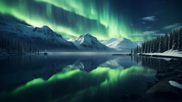 Le aurore boreali sopra un lago in montagna