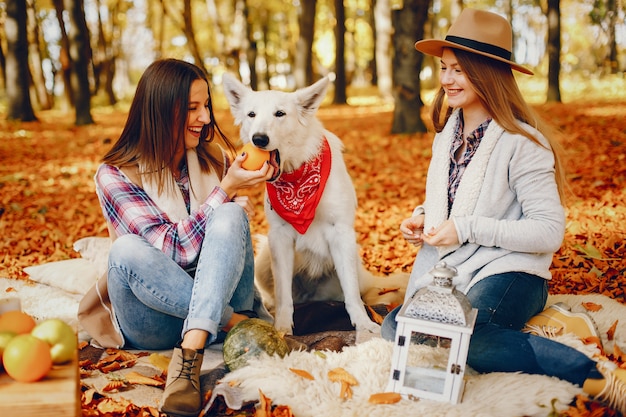 Le belle ragazze si divertono in un parco in autunno