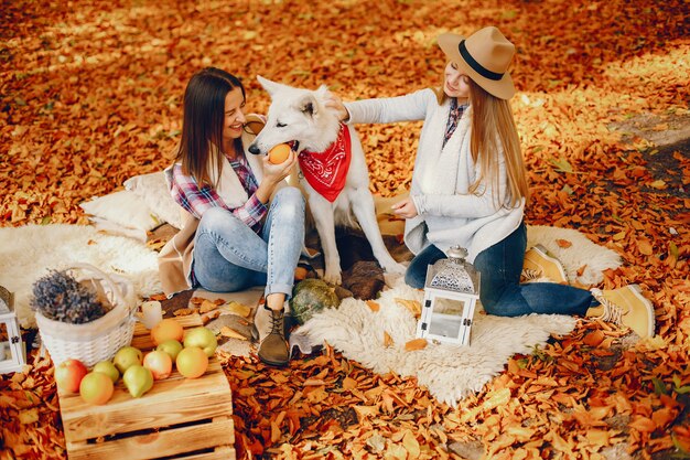 Le belle ragazze si divertono in un parco in autunno