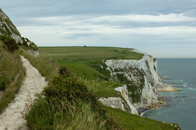 Le Bianche Scogliere di Dover ricoperte di vegetazione sotto un cielo nuvoloso nel Regno Unito