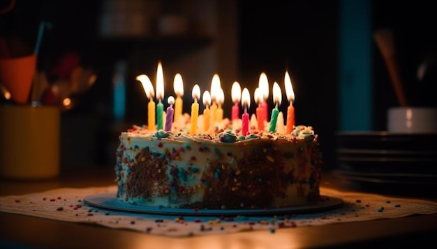 Le candele accese illuminano il dolce dessert della celebrazione del compleanno generato dall'intelligenza artificiale