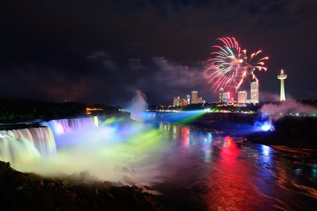 Le cascate del Niagara illuminate di notte da luci colorate con fuochi d'artificio