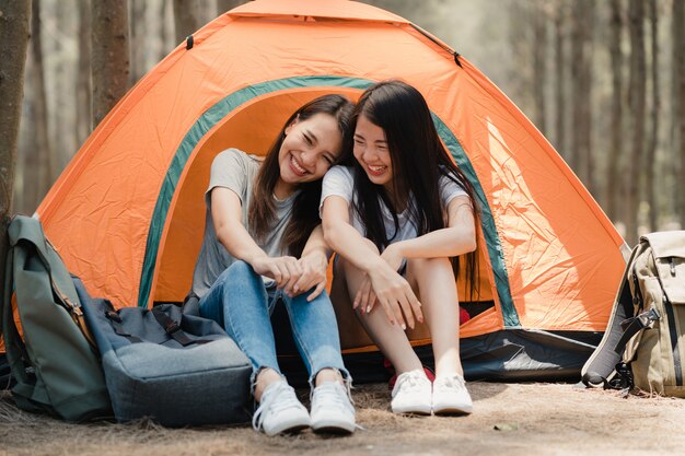 Le donne lesbiche di Lgbtq coppia il campeggio o fanno un picnic insieme nella foresta