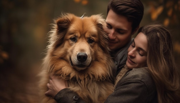 Le donne sorridenti abbracciano il simpatico cane nella bellezza della natura generata dall'intelligenza artificiale