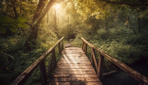 Le foglie autunnali coprono il sentiero nella tranquilla foresta generata dall'intelligenza artificiale