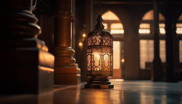 Le lanterne illuminate riflettono l'architettura religiosa storica di notte generata dall'intelligenza artificiale