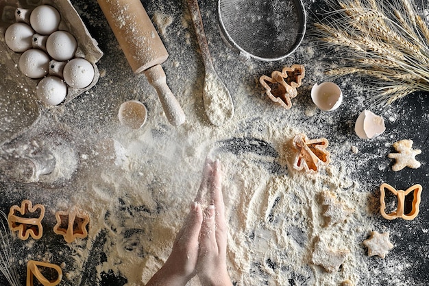 Le mani femminili di vista superiore preparano un posto per cucinare la pasta. Ingredienti per l'impasto e gli stampini per biscotti. Natura morta. Disposizione piatta