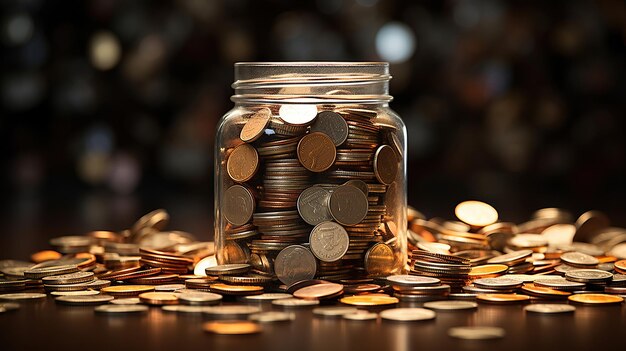 Le monete che escono dal barattolo simboleggiano i risparmi e l'educazione finanziaria