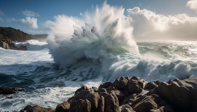 Le onde che si infrangono spruzzano schiuma sulla costa rocciosa generata dall'intelligenza artificiale