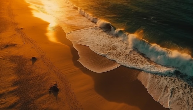 Le onde del tramonto su un tranquillo paesaggio marino si infrangono a terra generate dall'intelligenza artificiale