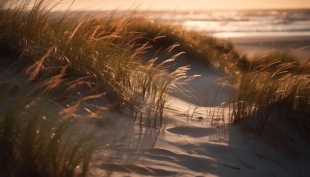 Le onde del tramonto sulle dune di sabbia si infrangono al di sotto generate dall'intelligenza artificiale