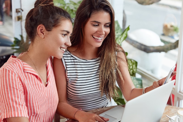 Le partner femminili positive si incontrano nella caffetteria per discutere i loro piani futuri, esaminare il computer portatile. Le donne blogger di successo utilizzano tecnologie moderne per pubblicare nuove informazioni sulla loro pagina del blog