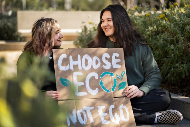 Le persone a una giornata mondiale dell'ambiente protestano con cartelli all'aperto