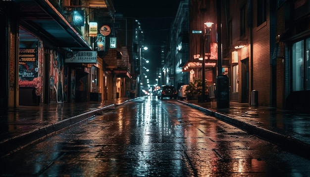 Le strade bagnate dello skyline della città illuminata hanno offuscato il movimento generato dall'intelligenza artificiale