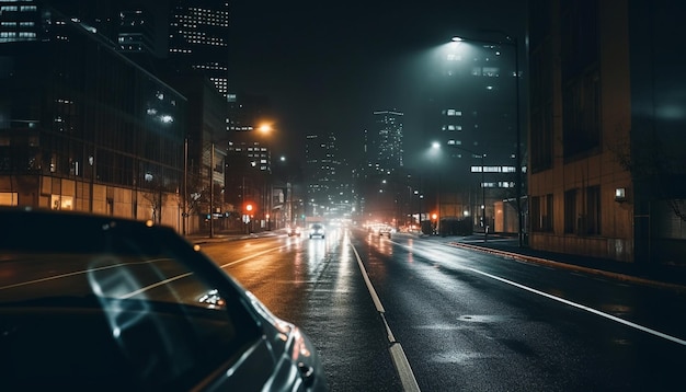 Le strade della città piovosa di notte sfocano il movimento generato dall'intelligenza artificiale