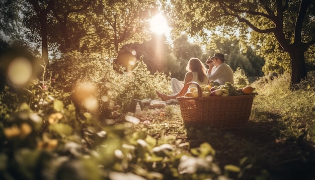 Legame familiare su cibo fresco da picnic biologico generato dall'intelligenza artificiale